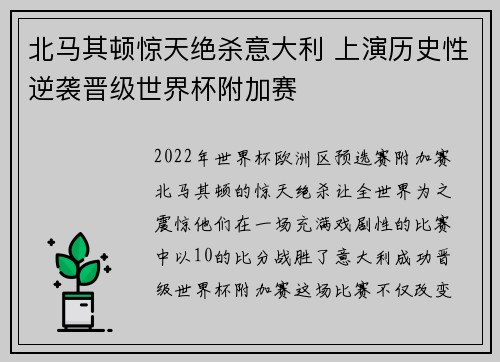 北马其顿惊天绝杀意大利 上演历史性逆袭晋级世界杯附加赛